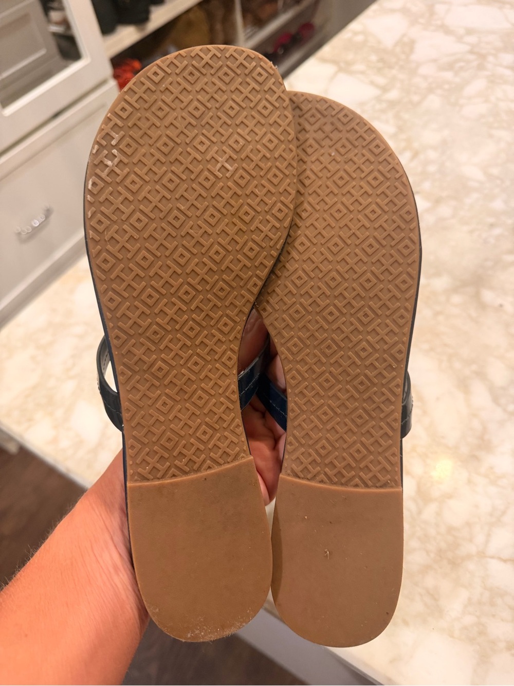 Tory Burch Navy Leather Sandals with Rainbow Logo Medallions - Picture 2 of 3